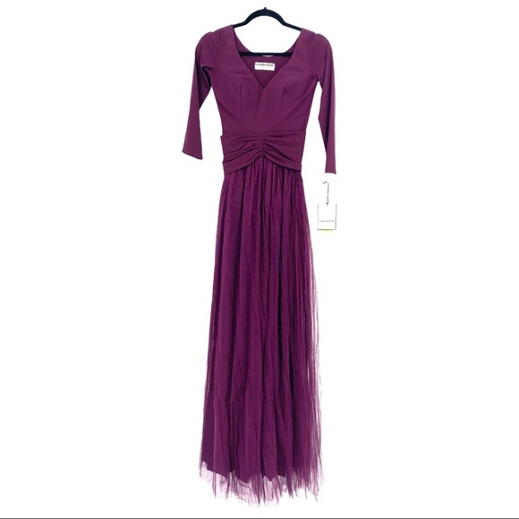Chiara Boni Liene Illusion Dress Wine Maxi Layered Tulle Sweetheart Neck Size 4 - Picture 2 of 11